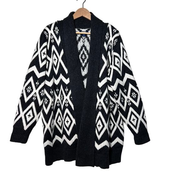 Old Navy Womens XL‎ Long Cardigan Sweater Diamond Fair Isle Charcoal Cozy Winter - Picture 1 of 10